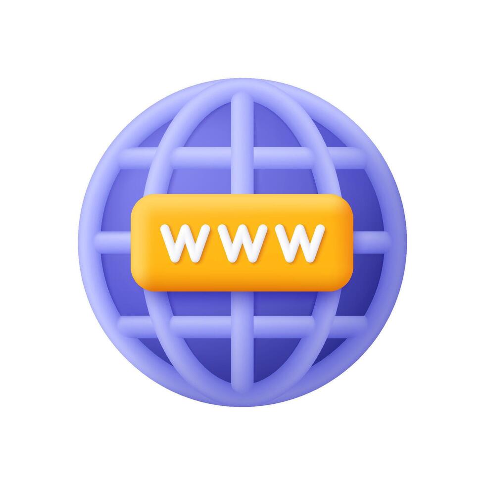 World wide web symbol. Internet, globe hyperlink, browser icon. Globe with www sign. 3d. Cartoon minimal style. vector