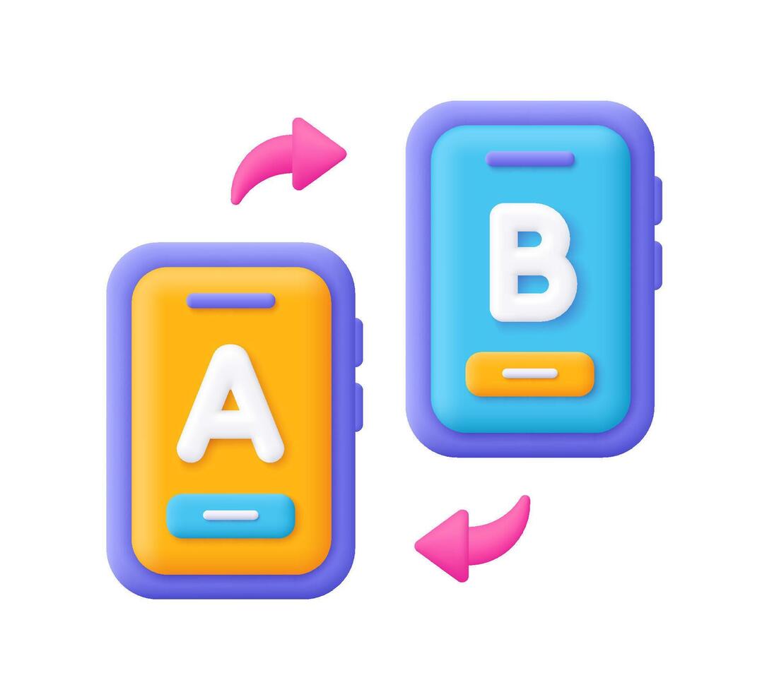 AB testing application on display smartphone screen. Bug fixing. 3d icon. Cartoon minimal style. vector