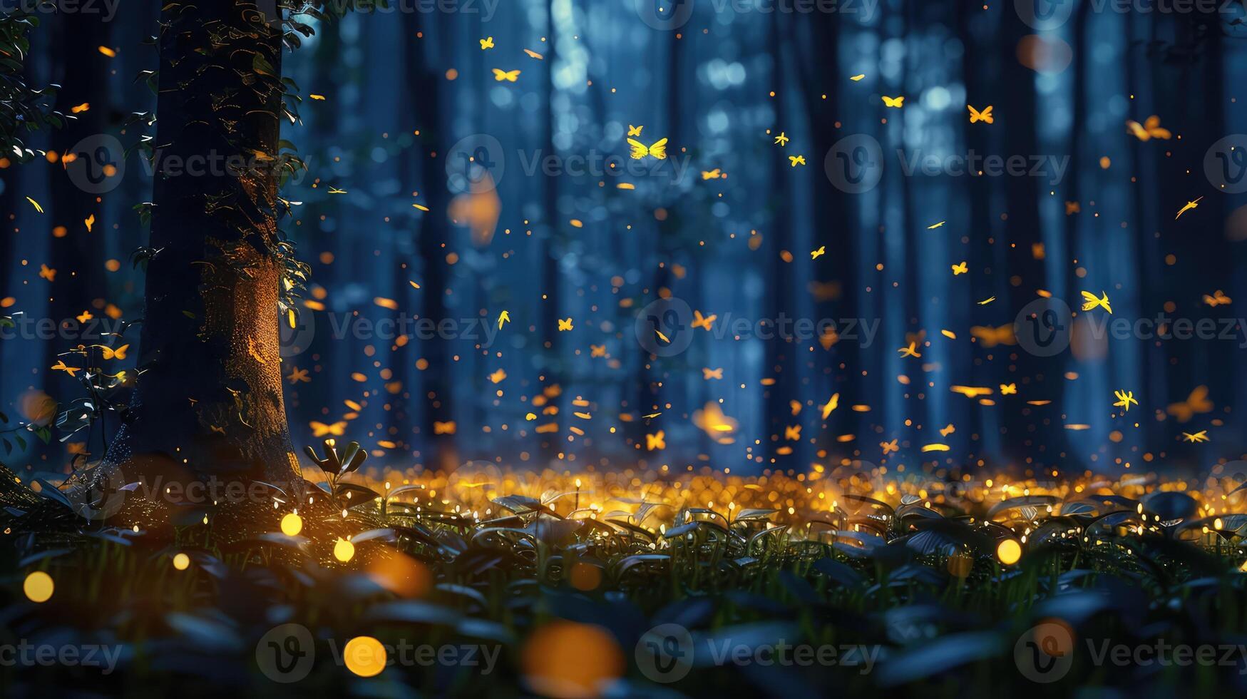 Enchanting Glow Firefly Swarm Lights Up Dark Forest photo