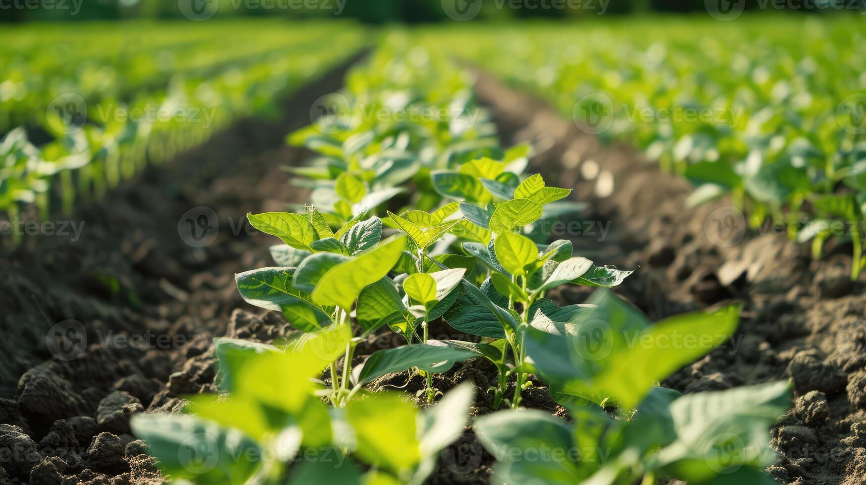 Symmetrical Rows of Fresh Green Soybean Plants in Agricultural Plot photo