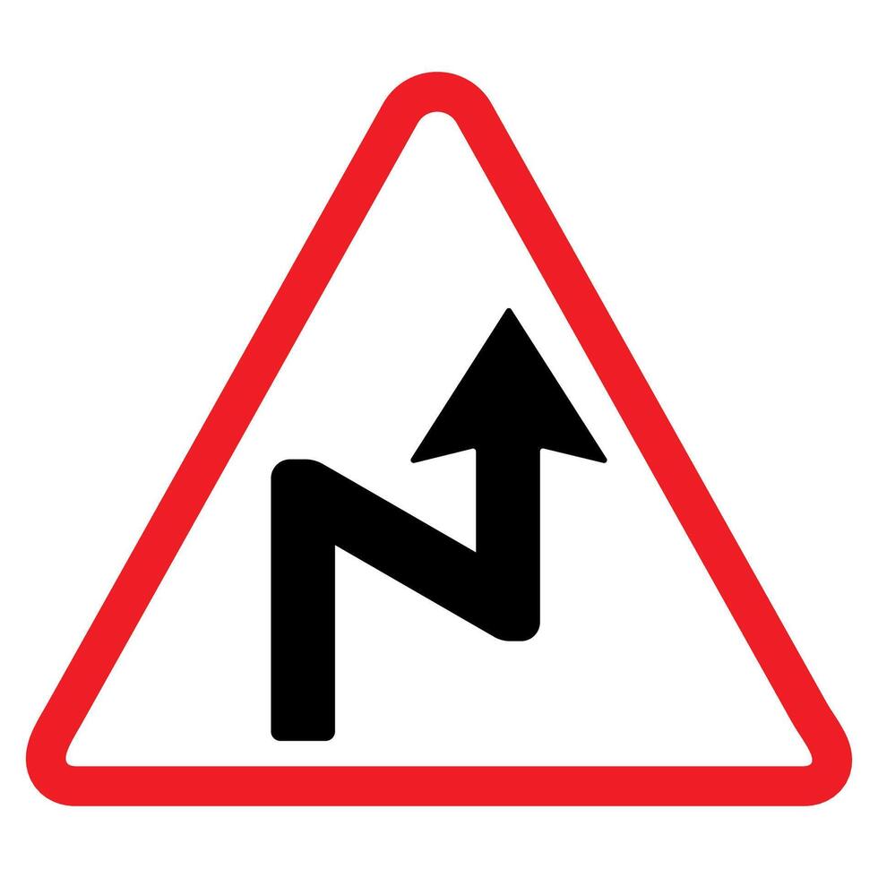 Left reverse bend warning sign, red triangle, black arrow, traffic symbol, Cautionary Road Sign. vector