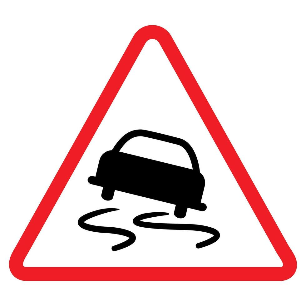 Slippery Road warning sign, red triangle, black arrow, traffic symbol, Cautionary Road Sign. vector