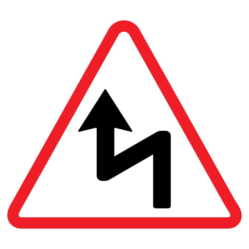Right reverse bend warning sign, red triangle, black arrow, traffic symbol, Cautionary Road Sign. vector