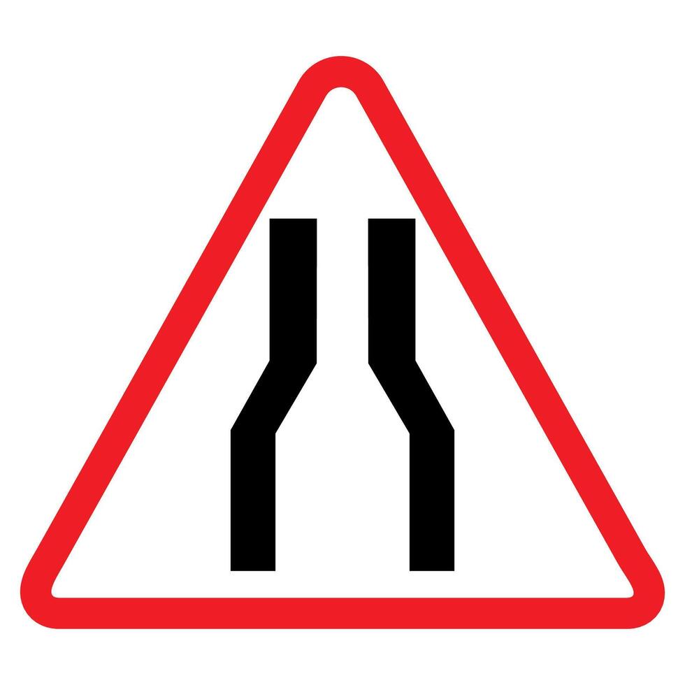 Narrow road ahead warning sign, red triangle, black arrow, traffic symbol, Cautionary Road Sign. vector