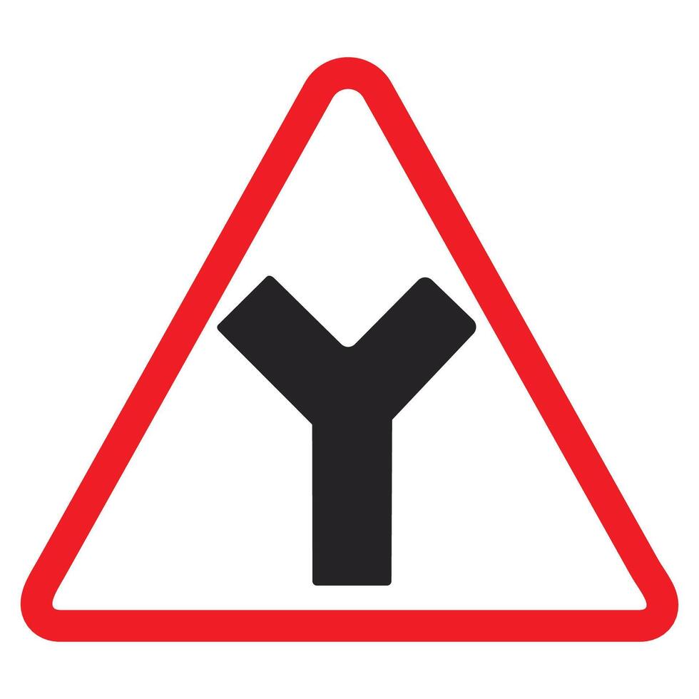 Y inter section warning sign, red triangle, black arrow, traffic symbol, Cautionary Road Sign. vector