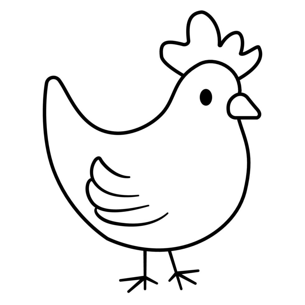 cartoon simple Line sketch chicken outline in black and white, Coloring Book Material. vector