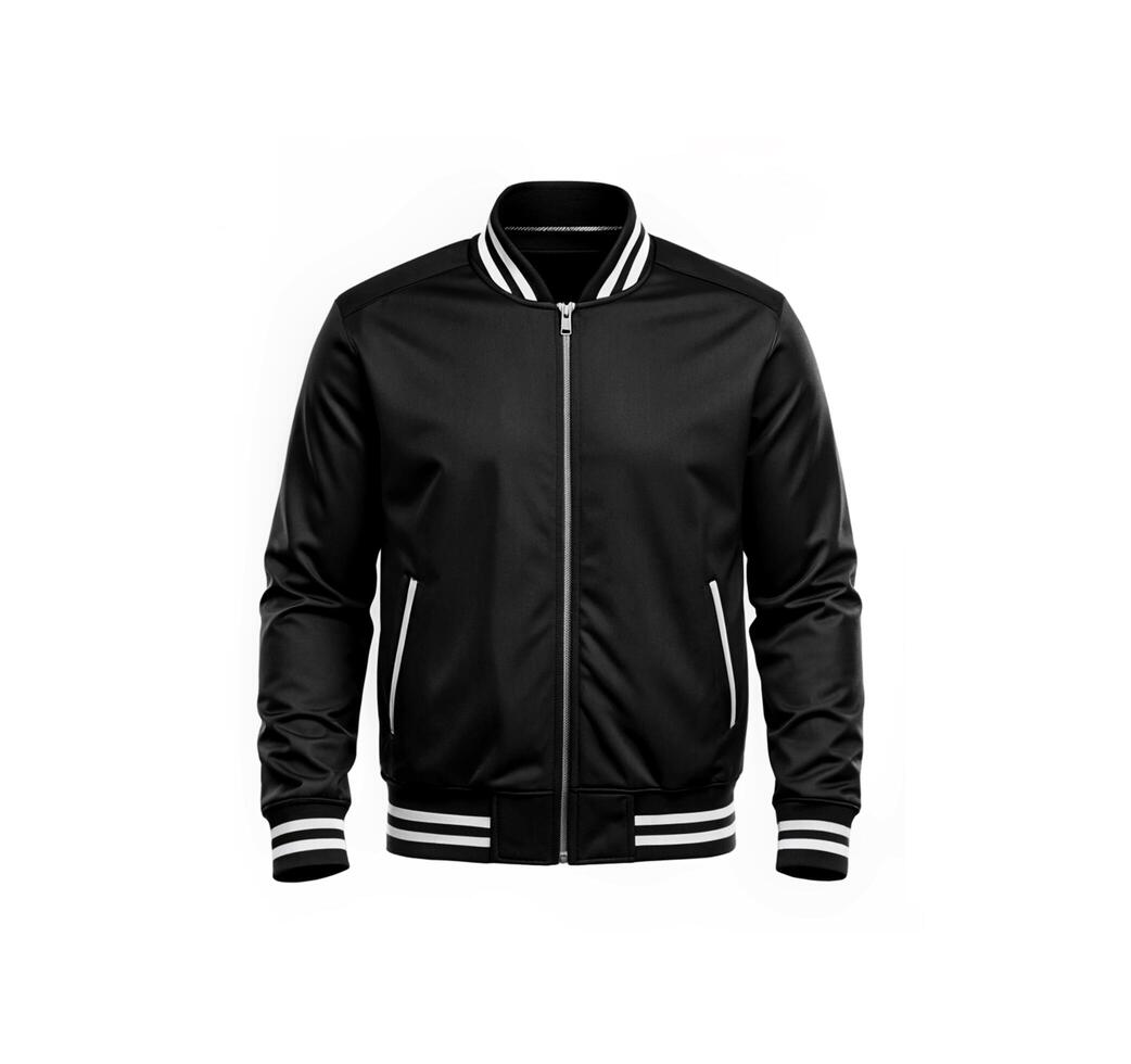 A Bomber Black Jacket With White Stripe to Mockup Design photo