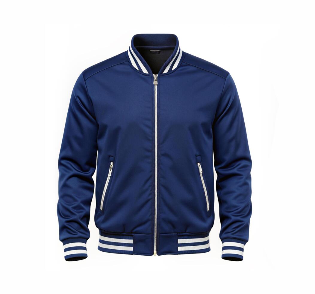 A Bomber Navy Blue Jacket With White Stripe to Mockup Design photo