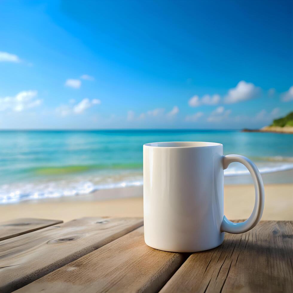 A Blank White Mug Mockup on a Beach photo