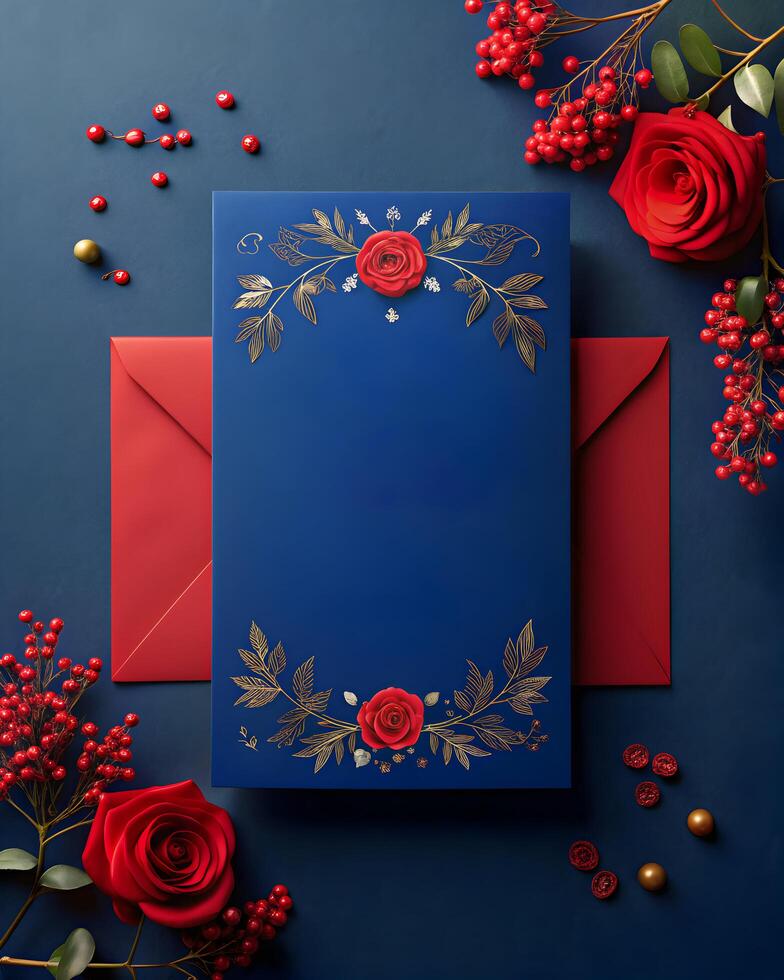 Wedding Invitation Mockup With Floral Design on Navy Blue Background photo