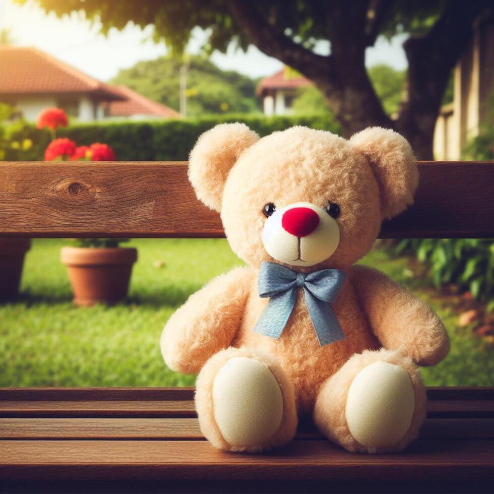 a teddy bear sitting on a bench with a blue bow photo