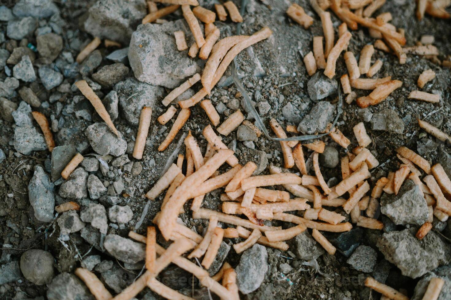 Discarded chiki sticks littering the street, creating an unsightly and wasteful scene photo