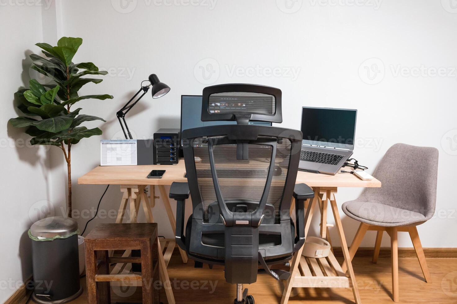 Wooden desk with laptop, display, mouse, lamp, ergonomic chair and artificial tree in workplace on bedroom photo
