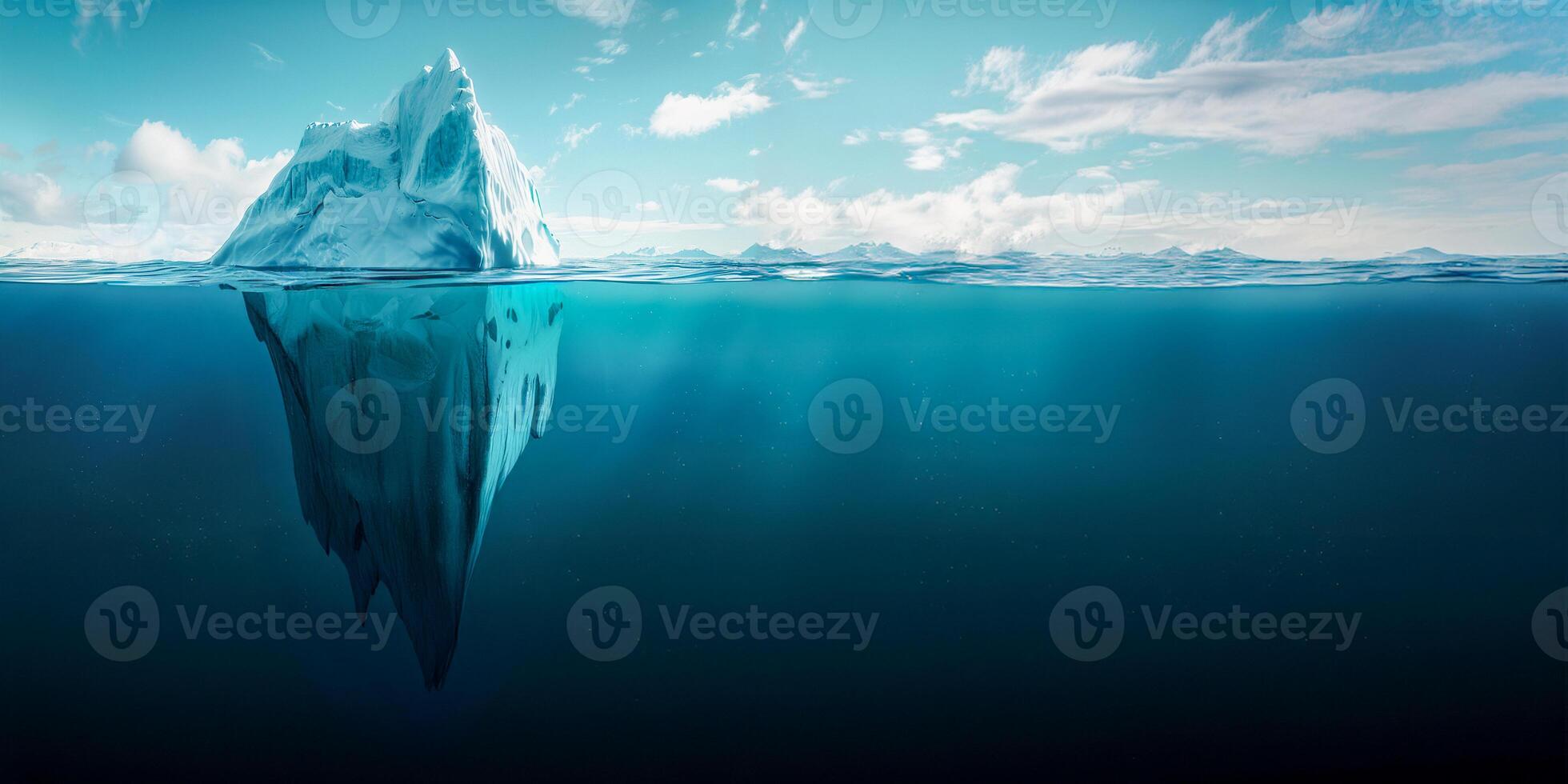 Iceberg concept, an iceberg floating in the ocean with half of it visible above and one big part under water. Blue sky background with copy space for text. Conceptual illustration about global warming photo