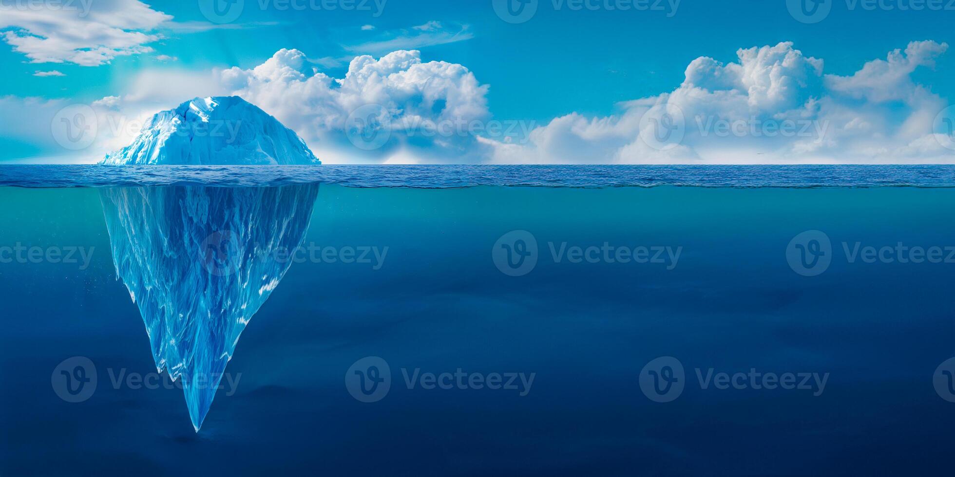 Iceberg concept, an iceberg floating in the ocean with half of it visible above and one big part under water. Blue sky background with copy space for text. Conceptual illustration about global warming photo