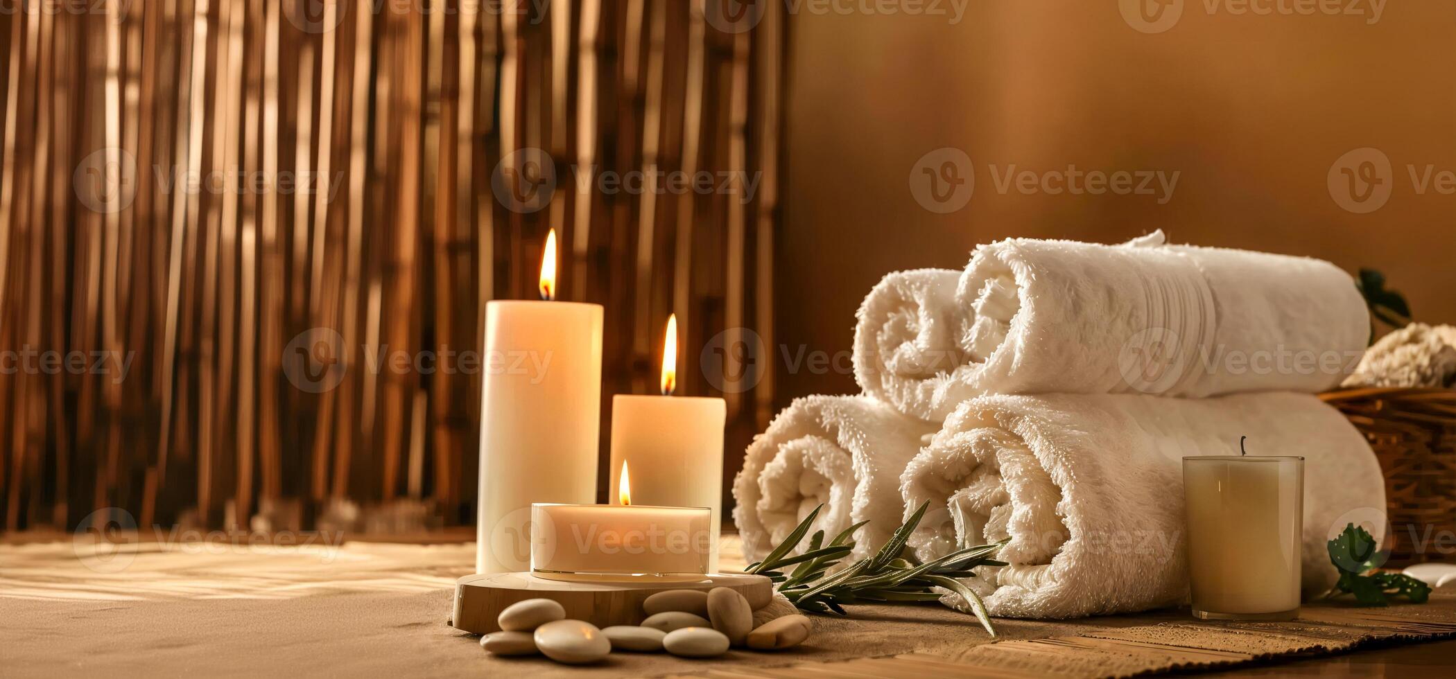 The composition of spa and wellness concept with brown towels, candles and sea salt on dark background with copy space for text. beautiful spa setting, spa elements, professional photo, studio light photo