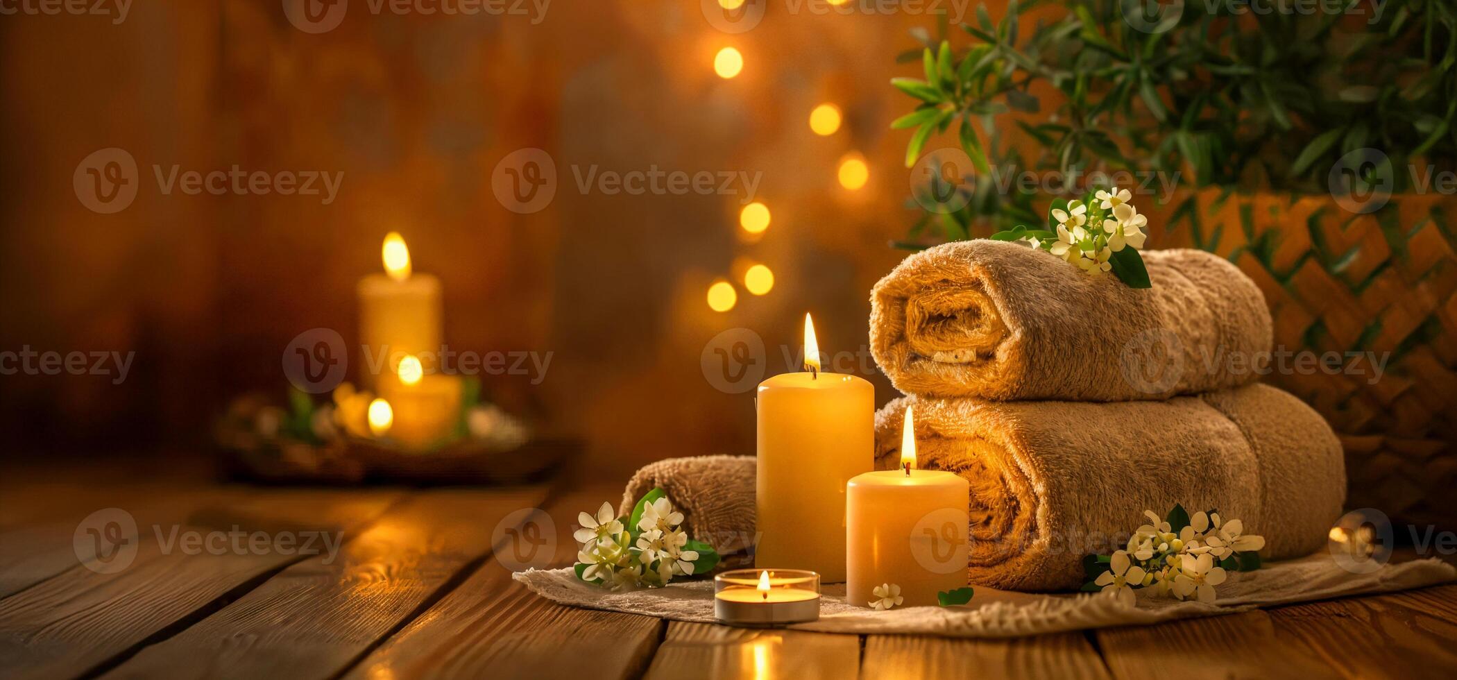 The composition of spa and wellness concept with brown towels, candles and sea salt on dark background with copy space for text. beautiful spa setting, spa elements, professional photo, studio light photo