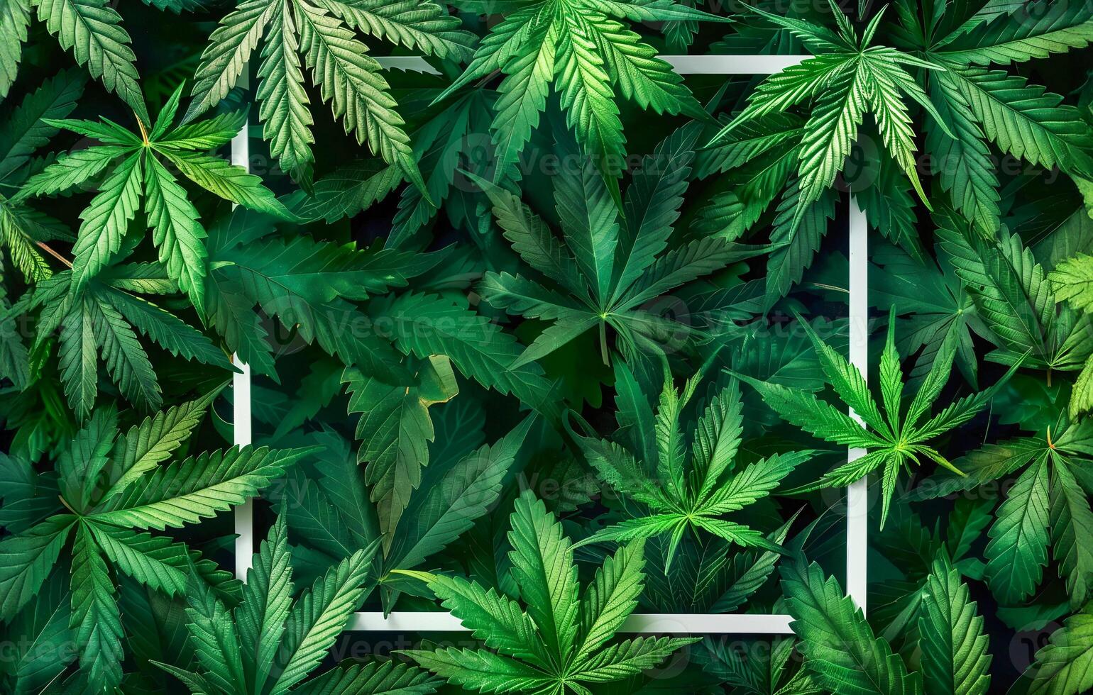 Abstract background with green cannabis leaves and white frame for text in shape of panoramic rectangle. Flat lay, top view of hemp plant in nature. Copy space banner template design photo