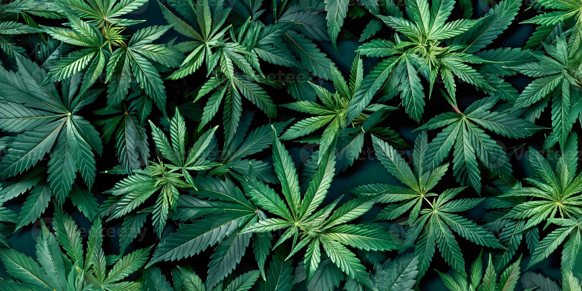 Green Cannabis Leaves Pattern on Black Background Flat Lay, Top View, High Resolution, Insanely Detailed and Intricate, Sharp Focus, HDR, Professional Color Grading, Award-Winning Composition photo