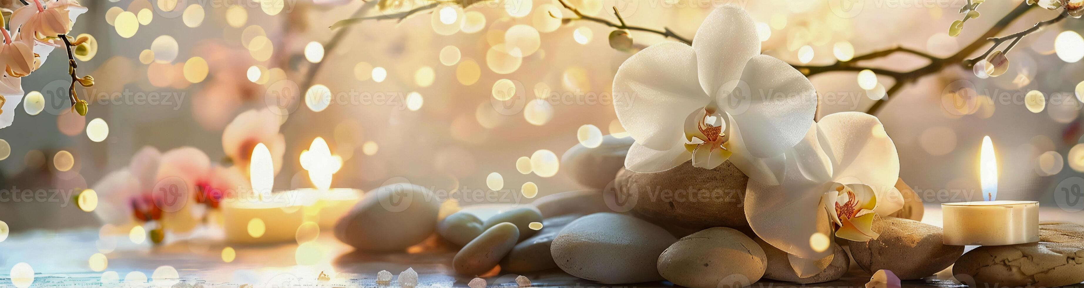 Spa Concept Banner High-Quality Photograph of Rocks and Orchid Flowers with Golden Candlelights on White Wooden Table, Perfect for Massage or Wellness Stock Photo