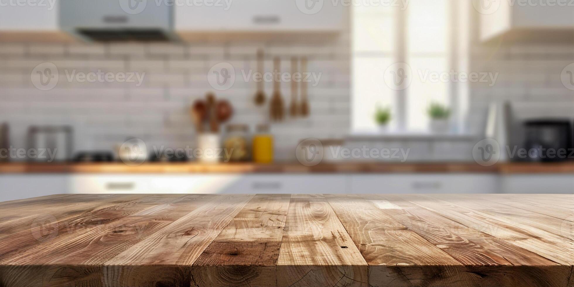 Empty wooden table top with a blurred kitchen background for product display presentation or montage composition on the wood counter in a modern home interior design of a blurry white kitchen mockup photo