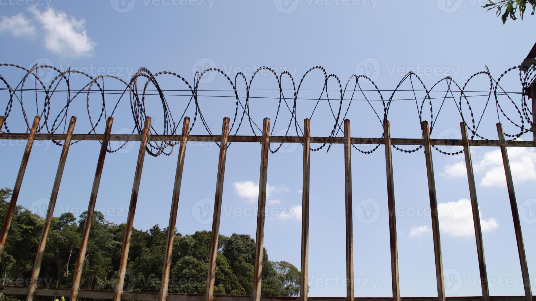 Rusty Barbed Wire Fence Against Clear Blue Sky in Daylight Highlighting Security and Protection in an Outdoor Industrial Setting photo