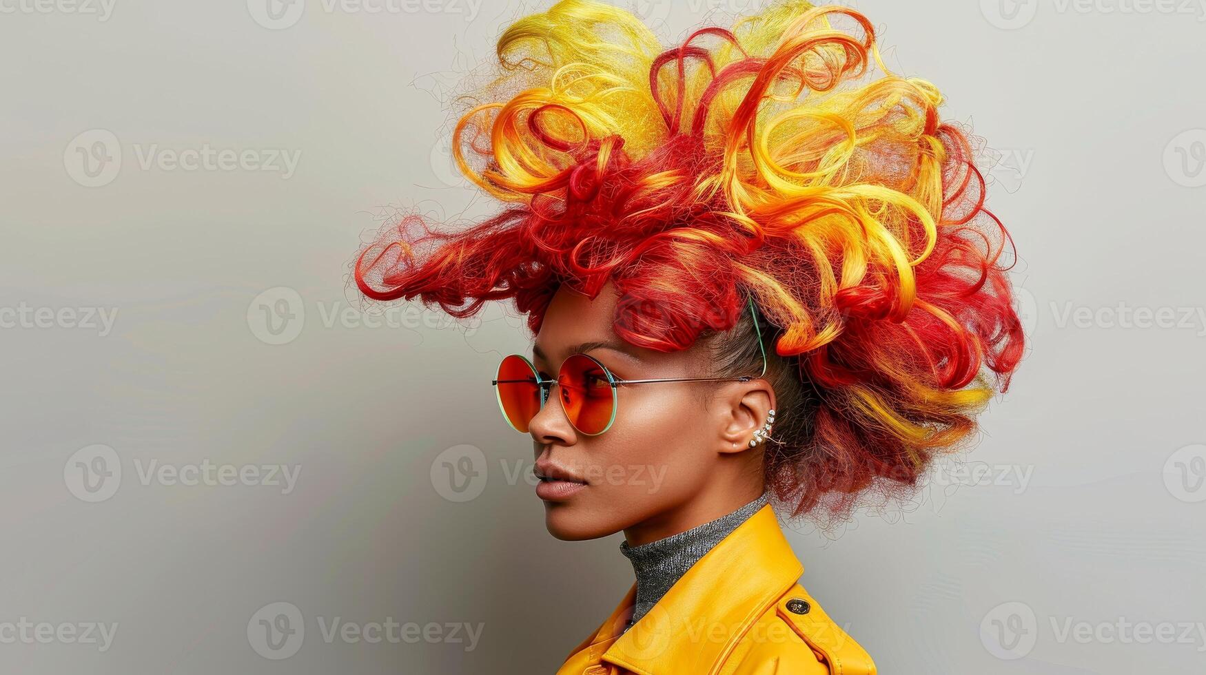 Stylish woman with elegant hair and vibrant headpiece, photo
