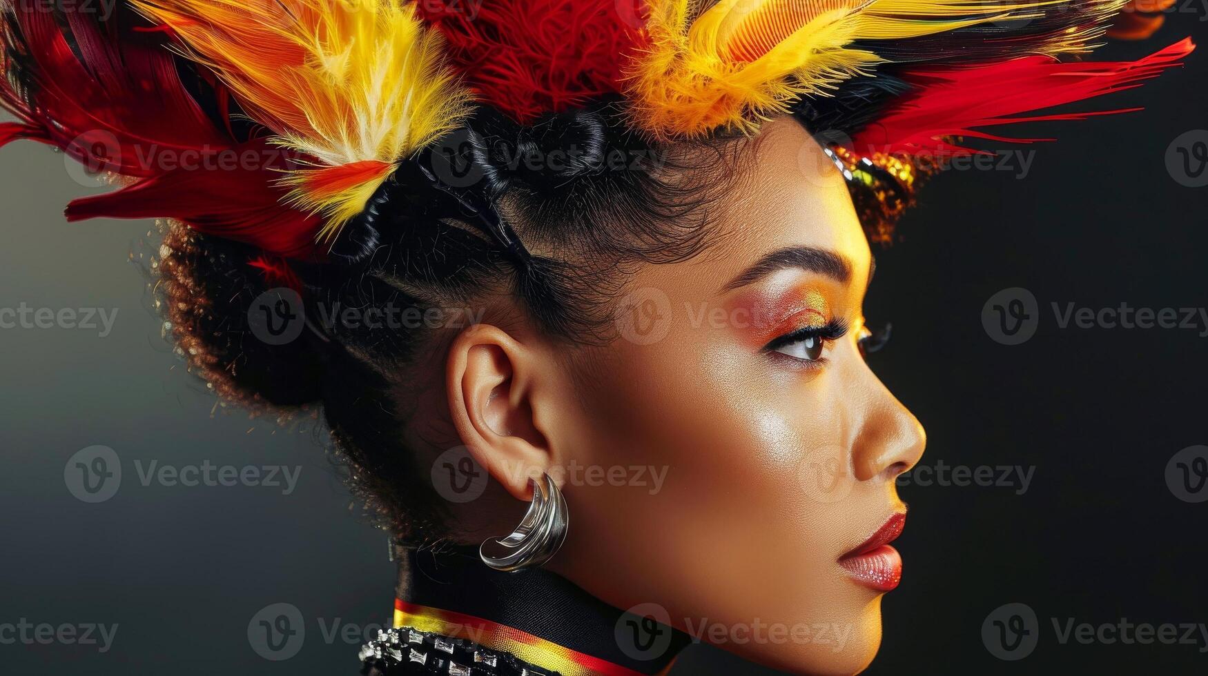 Stylish woman with elegant hair and vibrant headpiece, photo