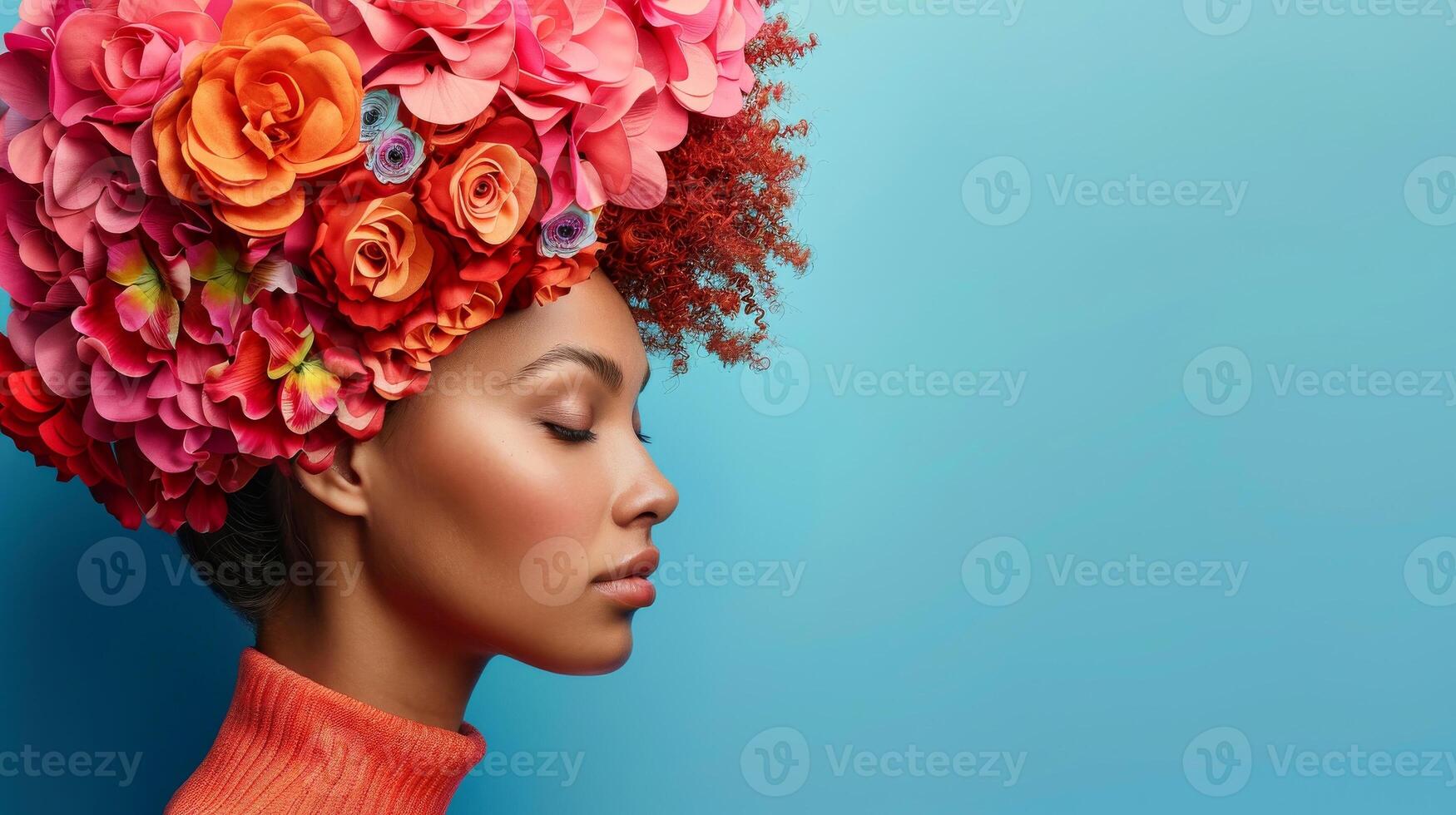 Stylish woman with elegant hair and vibrant headpiece, photo