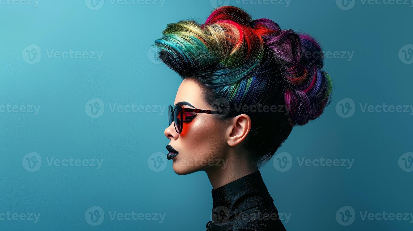 Stylish woman with elegant hair and vibrant headpiece, photo