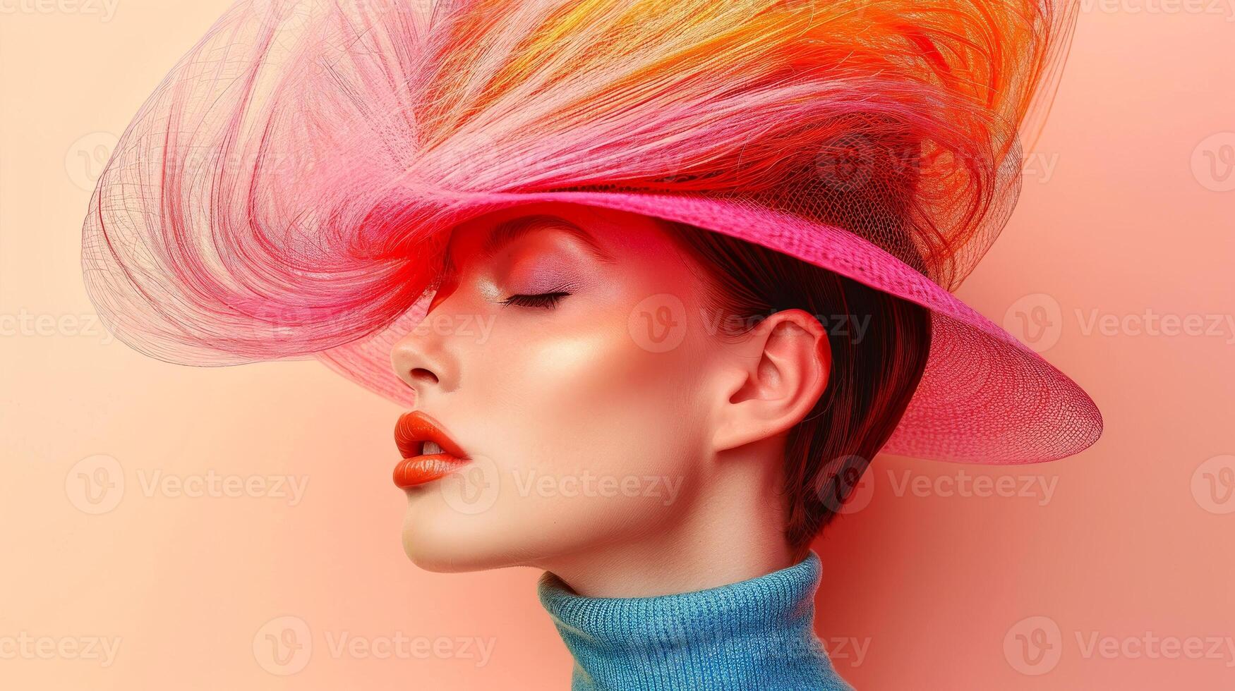 Stylish woman with elegant hair and vibrant headpiece, photo