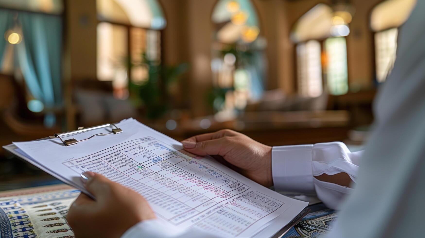 Close-up of a Hand Holding a Clipboard with a Spreadsheet photo