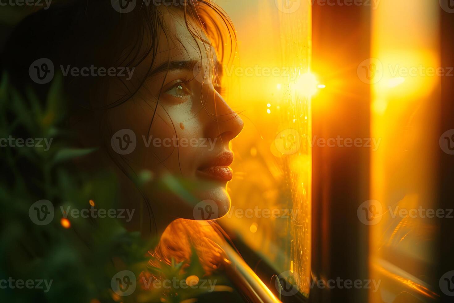 Sustainable Travel, reduces global warming and saves money, Traveling by train, American female tourist sits and admires the nature scenery from the window of a moving train photo