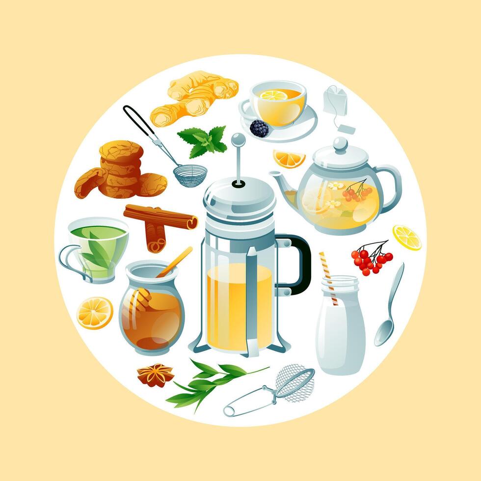 A set of tea items. Square and round composition. illustration. Green, black, herbal teapot, cup and symbols. illustration vector
