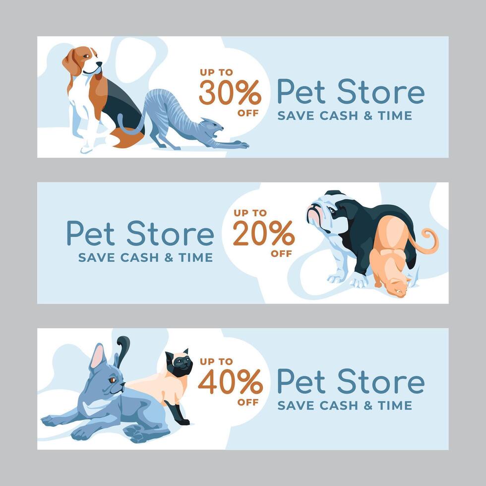 Set of web horizontal banners. Advertisement of a pet store or clinic. Cat and dogs. flat illustration vector