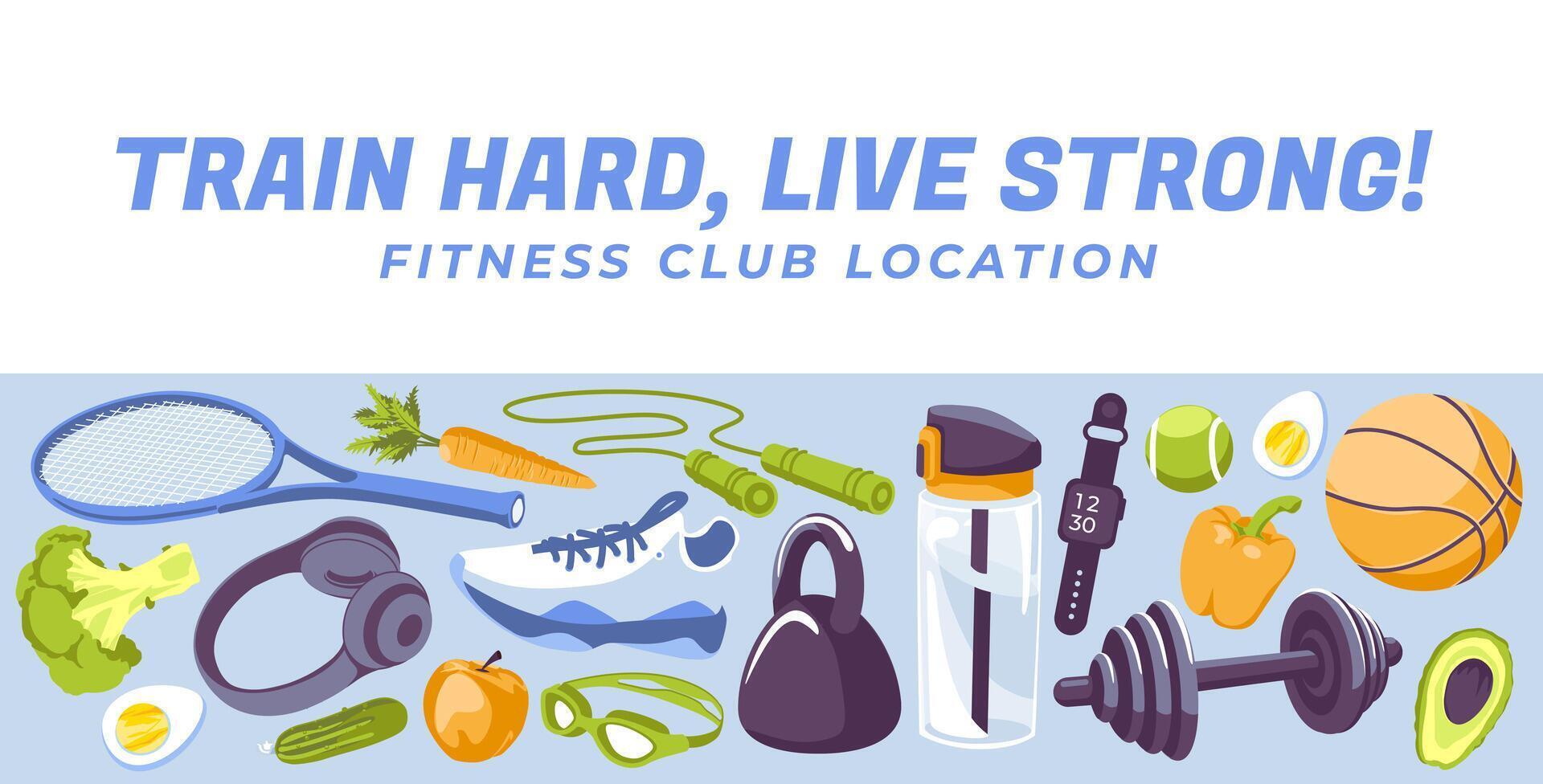 A set of objects for fitness and health. Lifestyle activity. Design with text. flat illustration vector