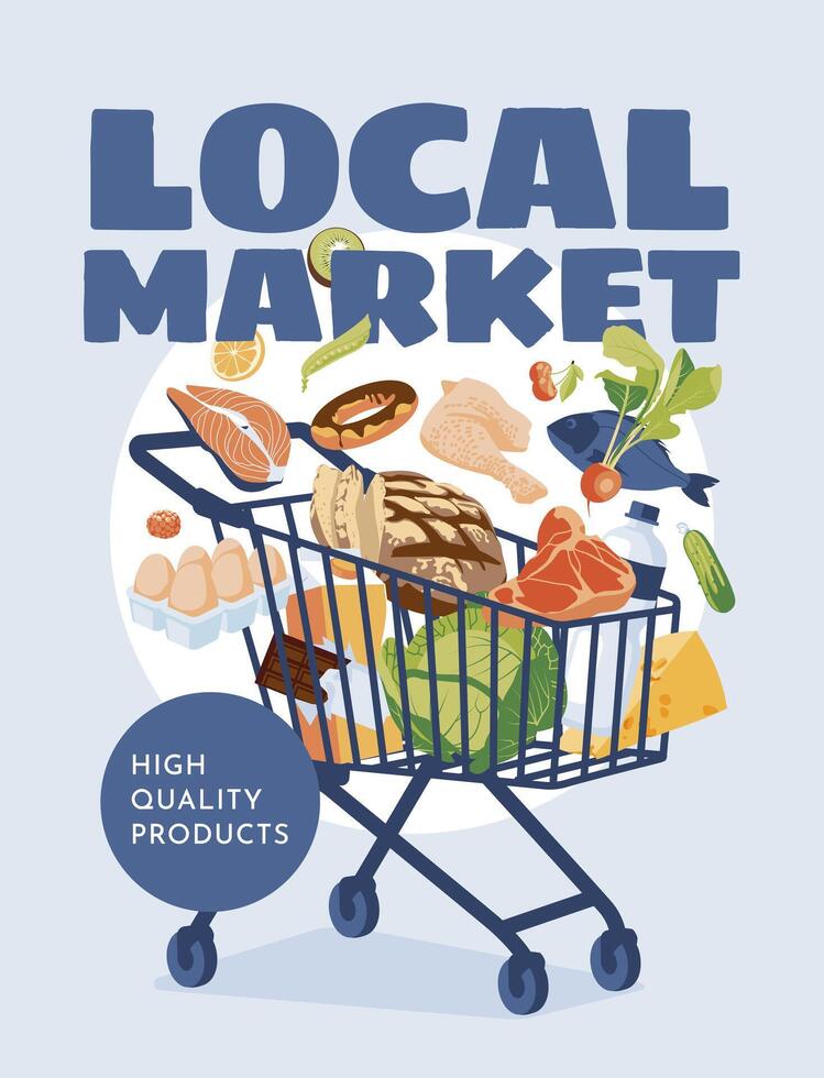Supermarket grocery set in basket. Healthy fresh food. Various subjects. Banner design with text. Advertising of a grocery store. flat illustration vector