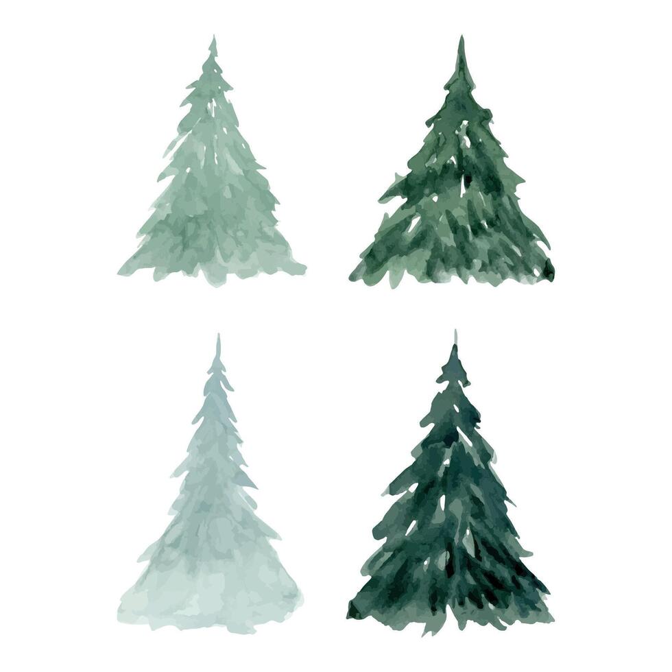 Fir trees sketches and silhouettes in simple style watercolor illustration set for Christmas and New Year designs vector