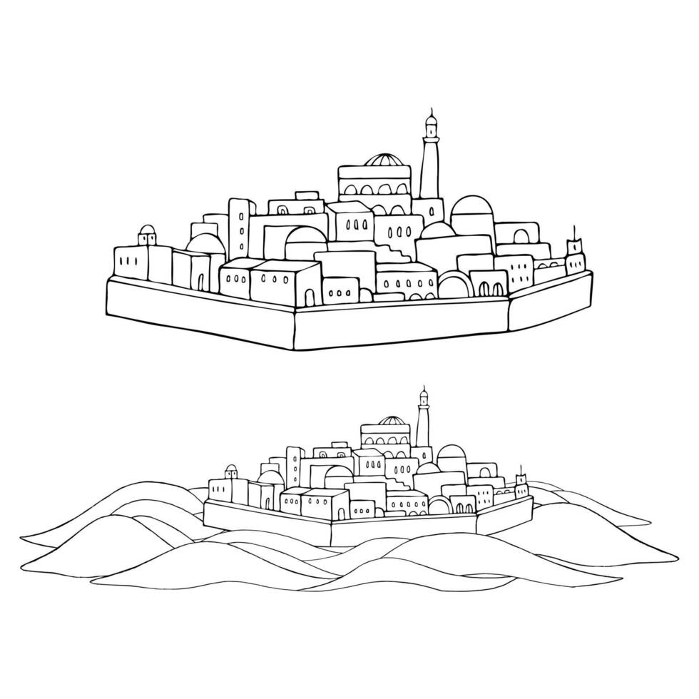 Middle east antique city castle fort in desert line illustration set. Outline ink simple sketch for Biblical and Arabic ancient history designs. Jerusalem or Bethlehem drawing vector
