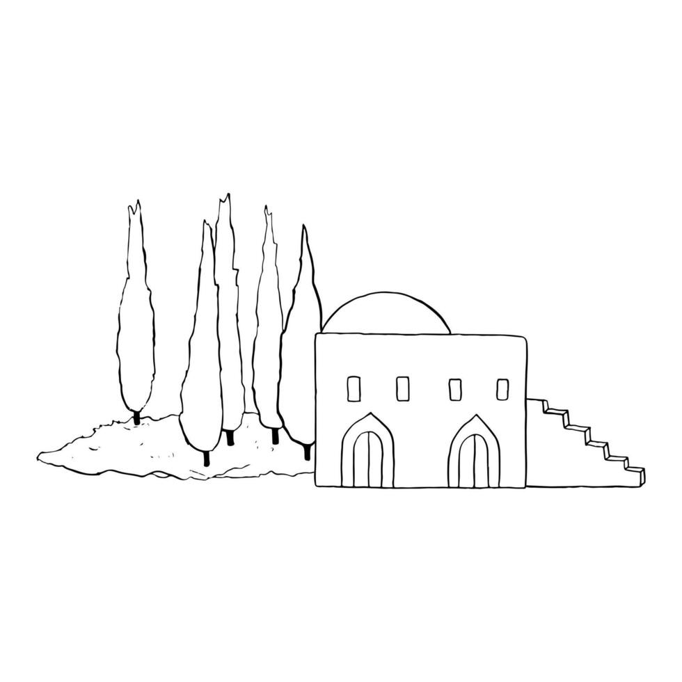 Jerusalem Bethlehem Arabic house with stairs and cypress trees line illustration in black and white. Simple Middle East architecture of Jordan, Saudi Arabia or Morocco for Biblical scenes vector