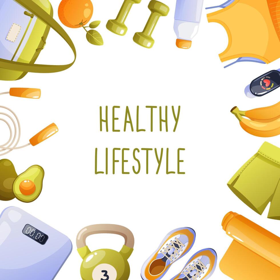 template for postcard, poster, web page on the theme of sports and healthy lifestyle. International health day, time for fitness, healthy lifestyle. Sports equipment, sportswear, fruits. vector