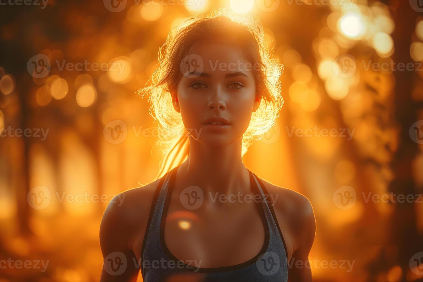 Woman is jogging in the park, Blurred sunrise background, Exercise, Health care, healthiness concept photo