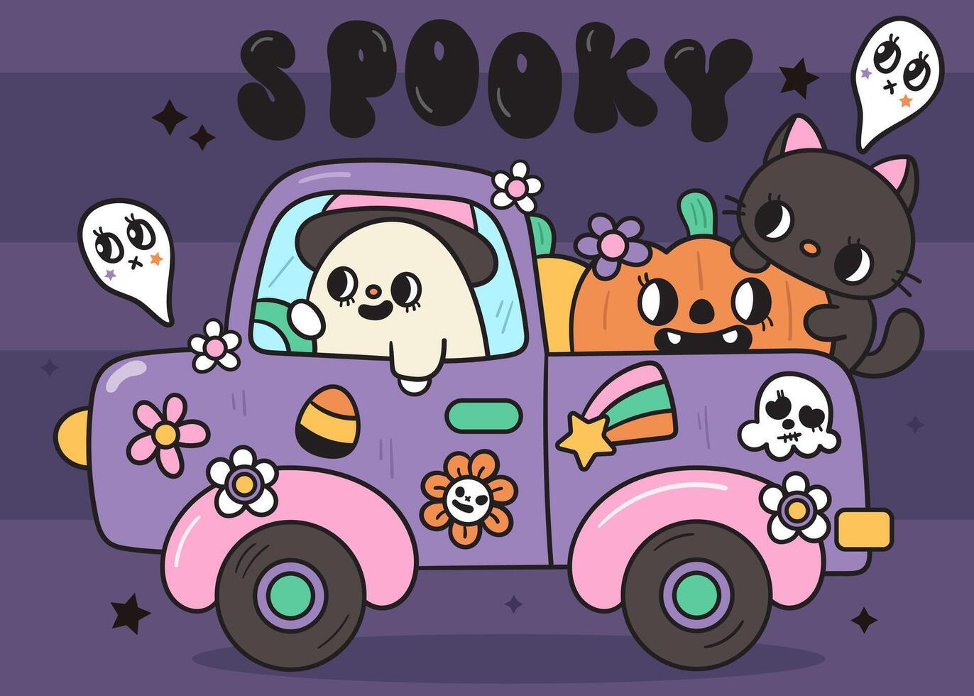 Cute ghost clipart Groovy Halloween car with flower skull and pumpkin vector