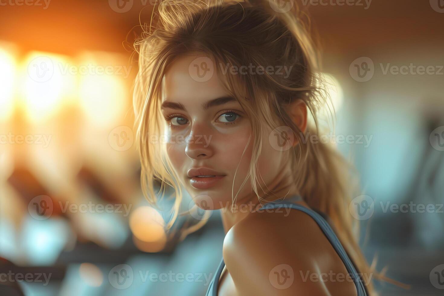 Portrait Woman, wearing exercise clothes in the gym, light of the setting sun, streaming in through the mirror, Exercise, Health care, healthiness concept photo