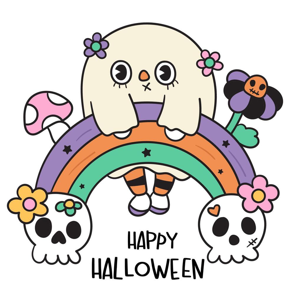 ghost with rainbow and skull and flower halloween groovy card vector