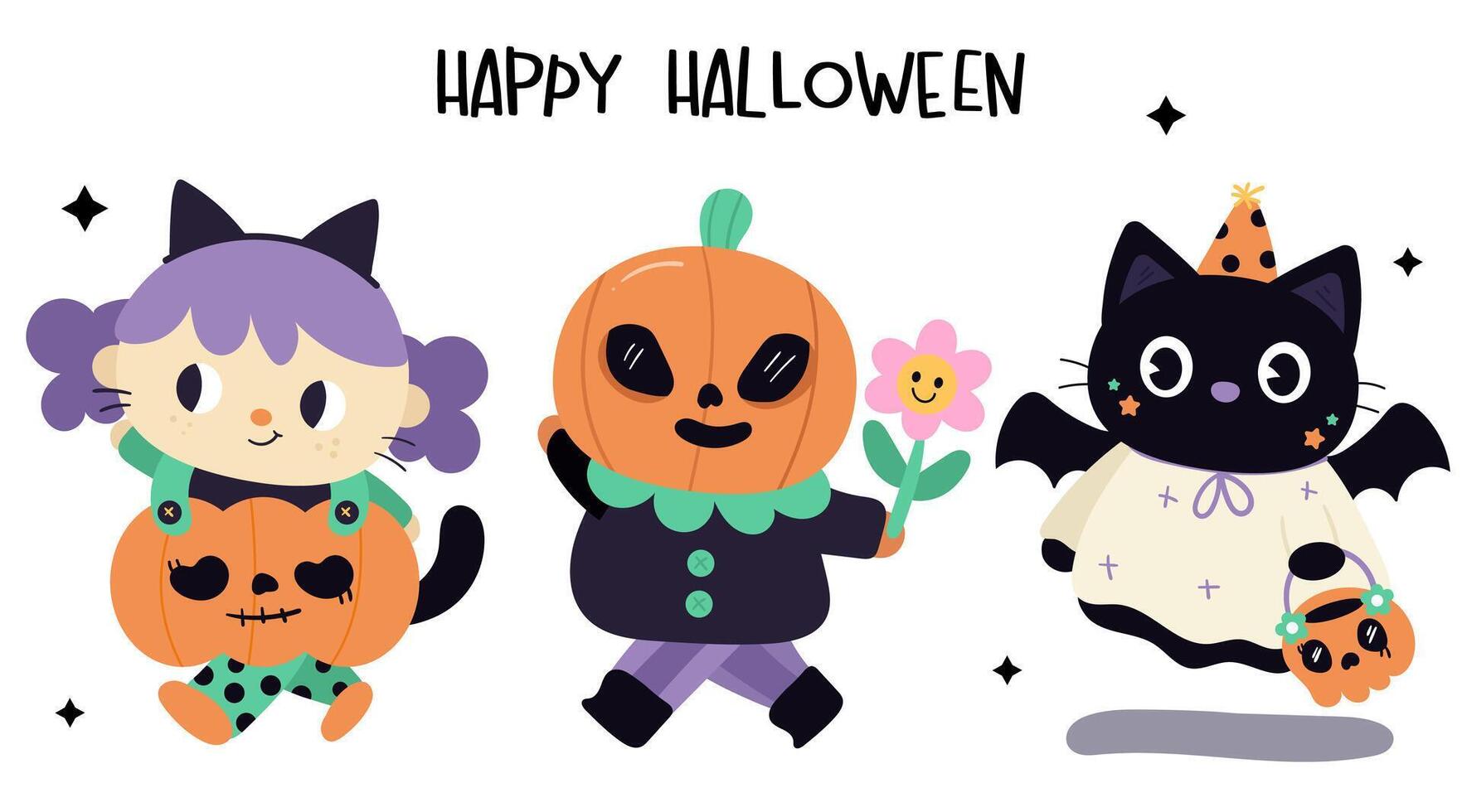Set of halloween cartoon cat ghost and girl kawaii card vector