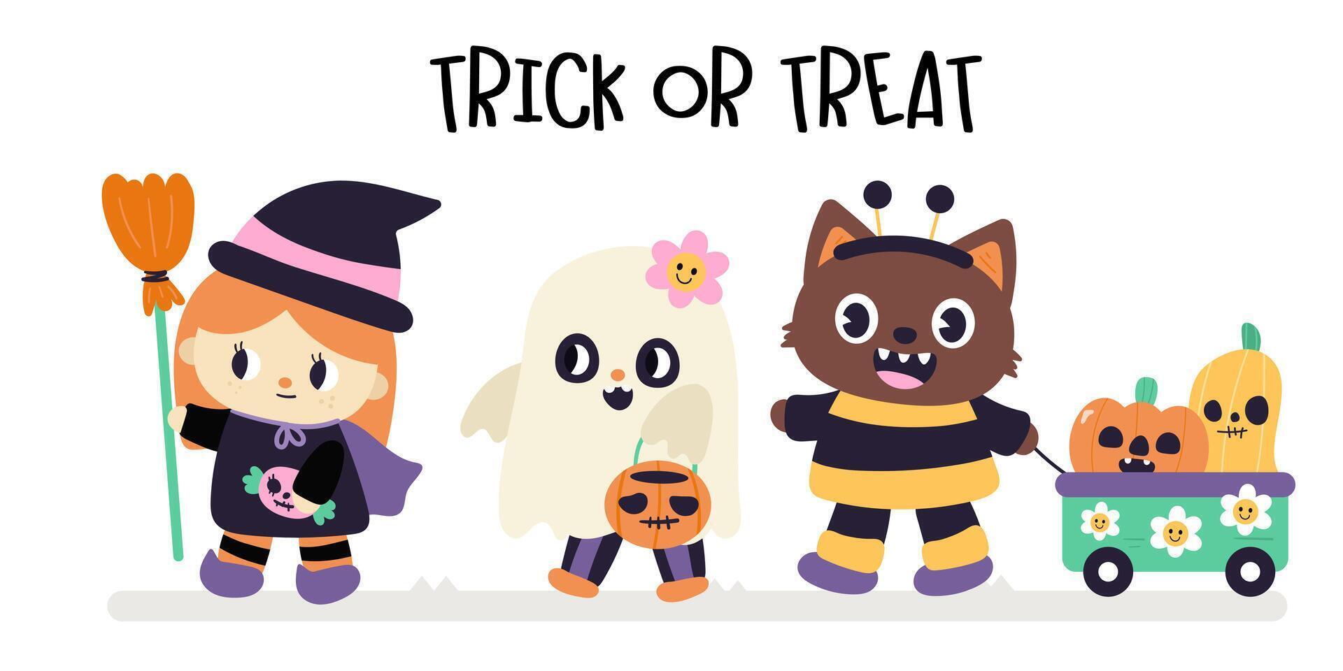 Set of Halloween cartoon witch girl ghost clipart and fox with pumpkins Groovy vector