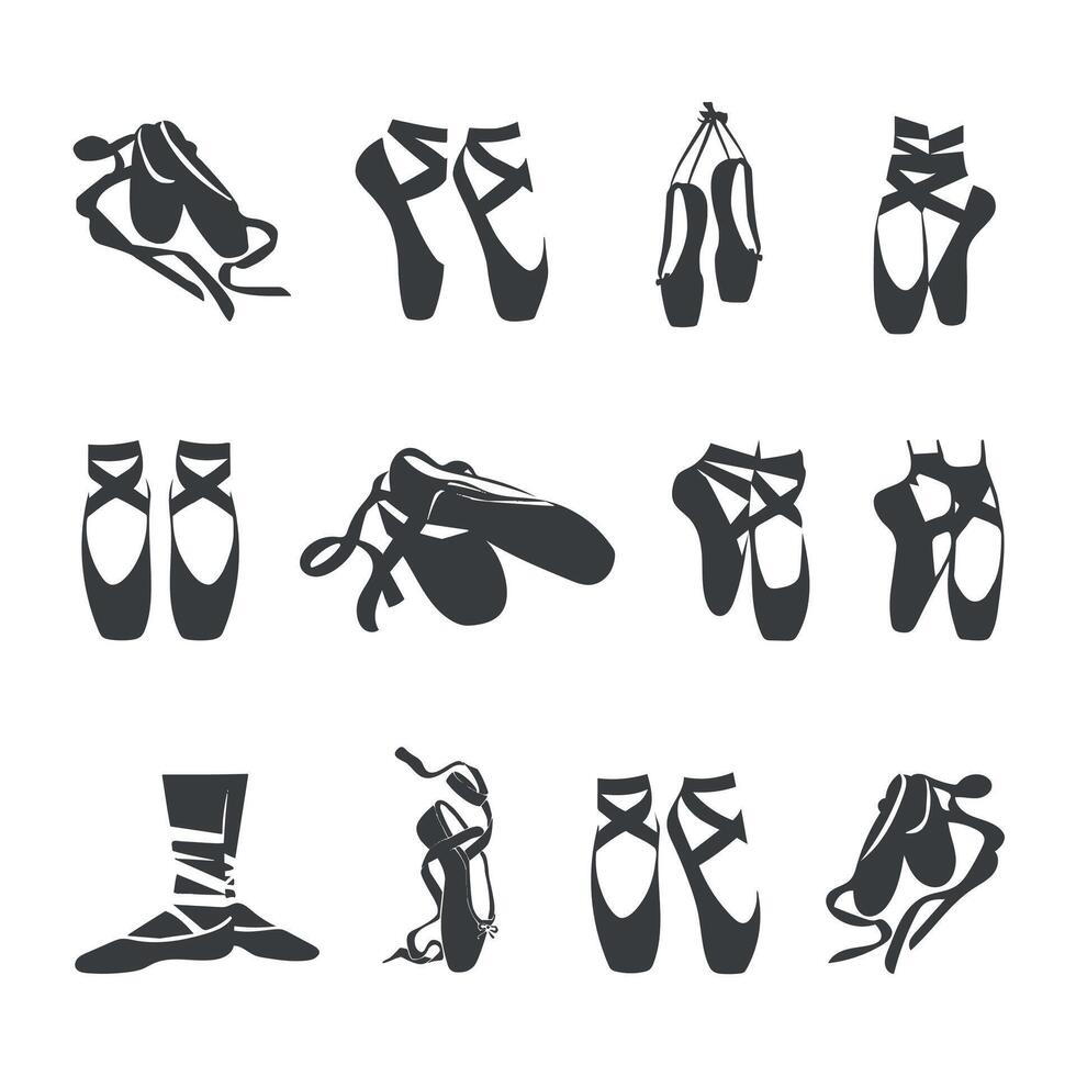 Ballet Shoes with Ribbon Laces Clipart Set Silhouette isolated on a white background. vector