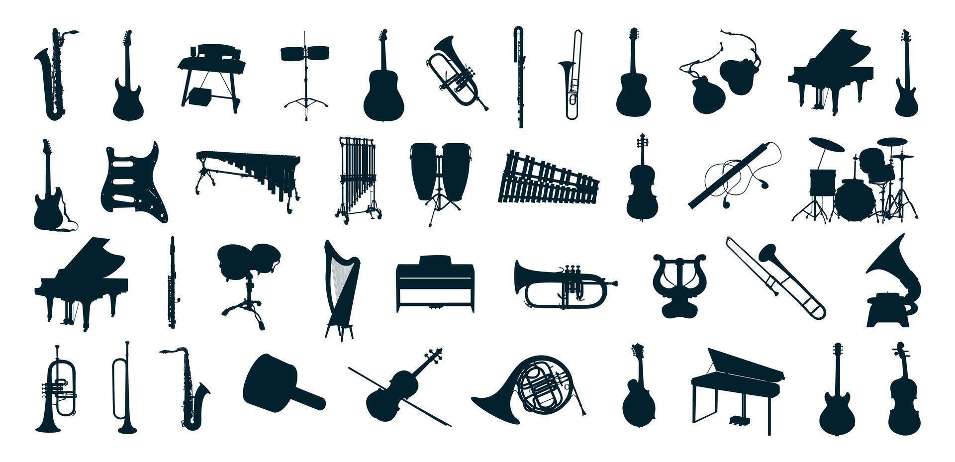 Big collection of Musical instruments silhouette. vector