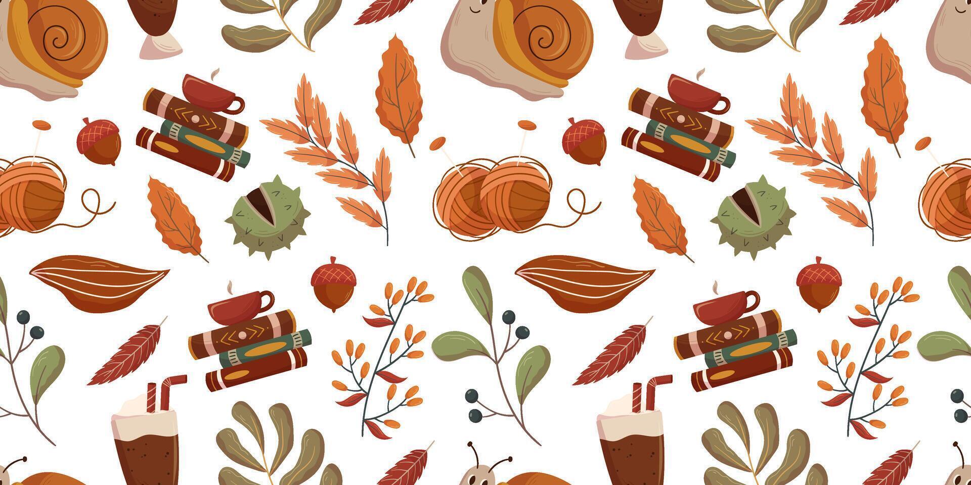 Autumn themed seamless pattern showcasing cozy elements such as books, cups of hot beverages, knitting supplies, and various fall leaves and acorns. Fall mood textile print vector